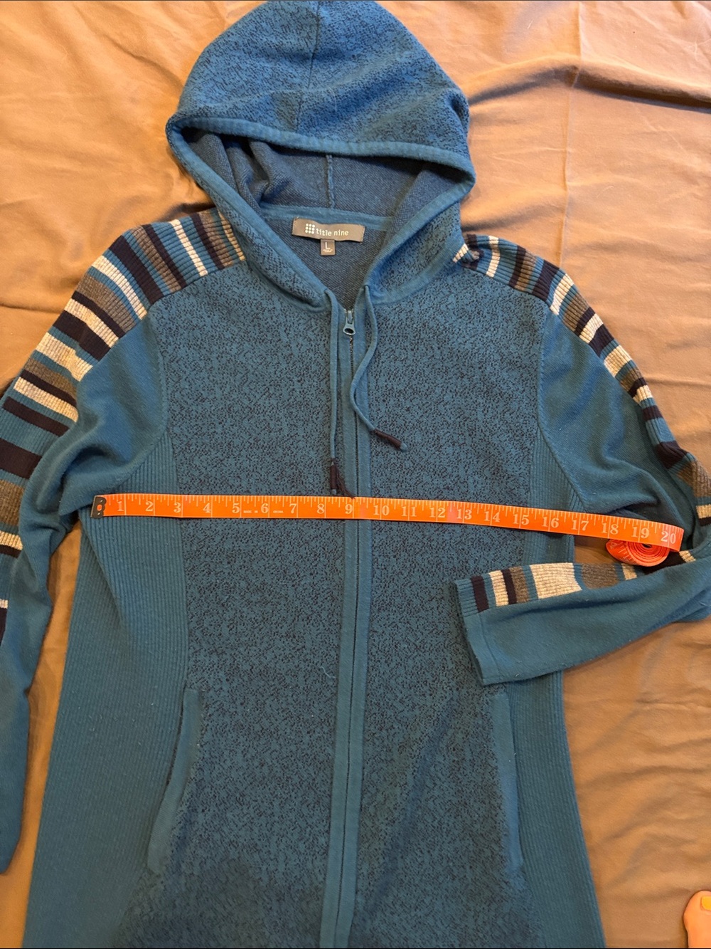 Title Nine Teal Hooded Zip Cardigan with Striped Sleeve Detail - Picture 3 of 6